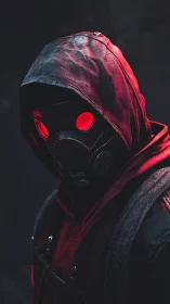Hooded figure in gas mask with red glowing goggles.