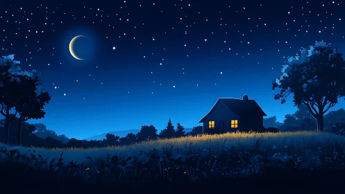 Crescent moon illuminates distant house and field at night