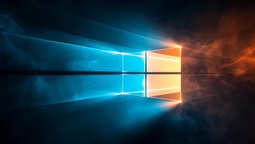 Bicolor light beams forming geometric window grid in fog.