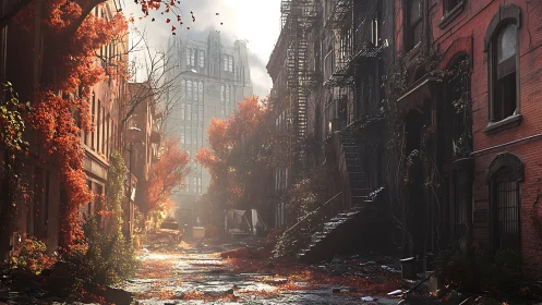 Abandoned autumn city street with ivy and fire escapes.