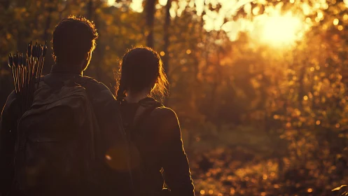Two adventurers stand silhouetted against golden forest light