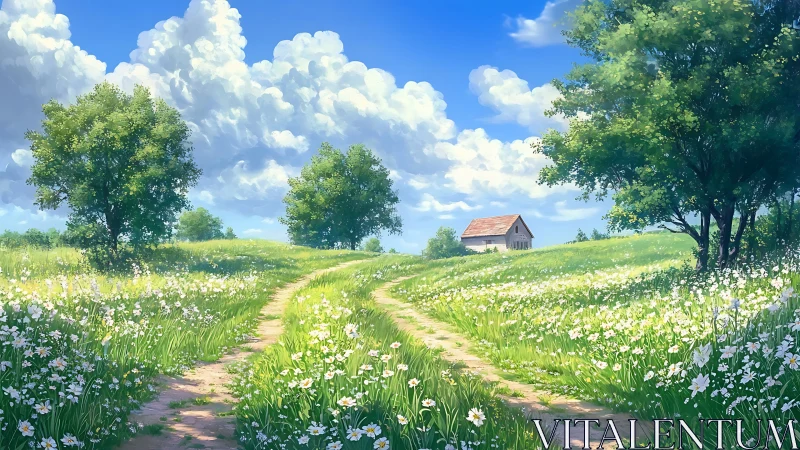 Country path curves through summer meadow toward distant cottage