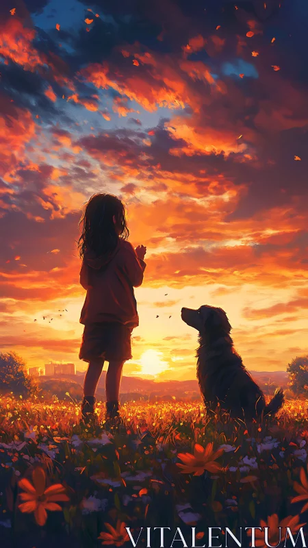 Child and dog in flower field under vivid sunset sky.