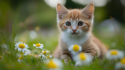 Orange and white kitten in spring grass with white daisies.