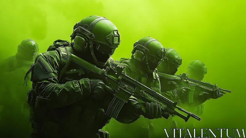 Tactical squad advances through dense toxic green smoke
