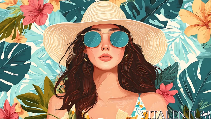 Tropical chromatic portrait of woman in hat and mirrored lenses.
