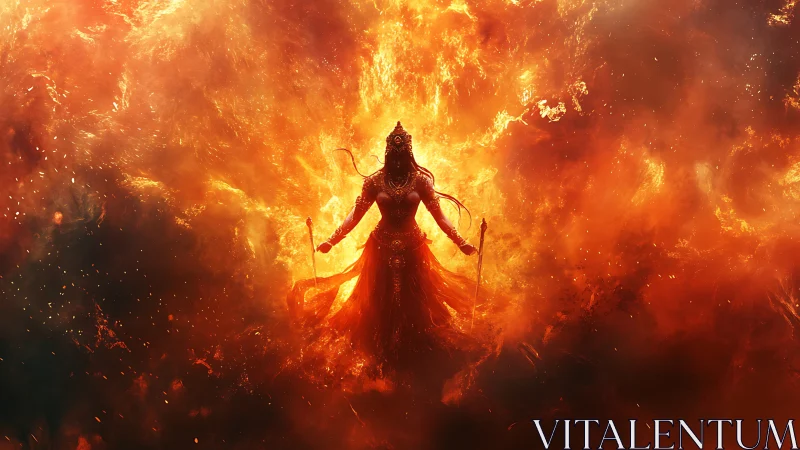 Flame-wreathed warrior goddess emerges from incandescent vortex