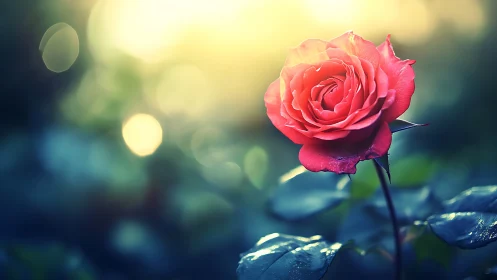 Crimson Rose Glowing Through Golden Hour Dream.