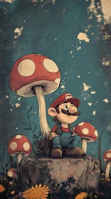 Cartoon plumber rests among towering red mushrooms thoughtfully.