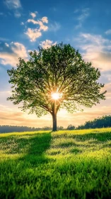 Backlit solitary tree on sunlit meadow at golden hour