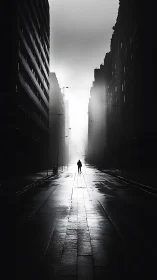 Solitary figure walks into foggy high contrast city street.