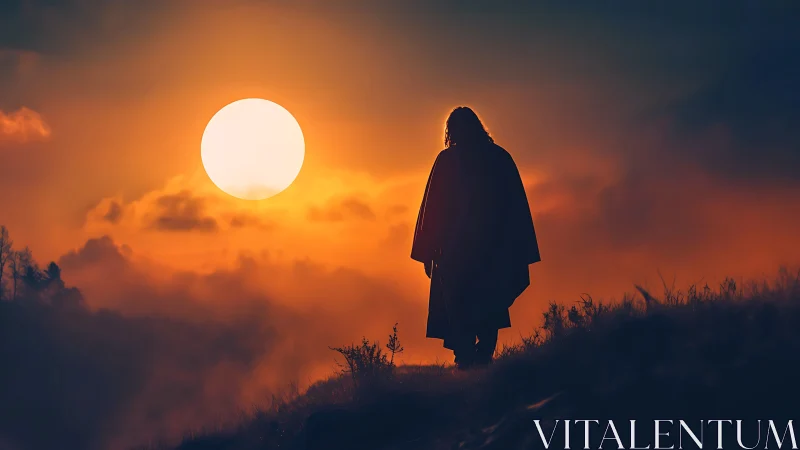 Solitary robed figure walks hillside beneath blazing sunset sun