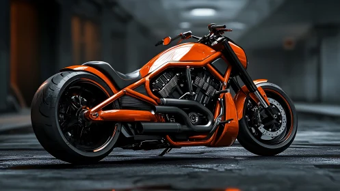 Orange custom motorcycle is positioned in an underground garage