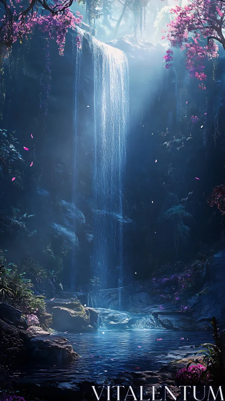 Vertical forest waterfall descends into a shaded rock pool