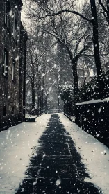 Narrow stone walkway under heavy urban snowfall, dusk light