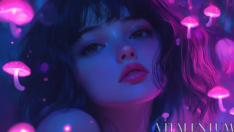 Neon-lit portrait with glowing pink bioluminescent mushrooms.