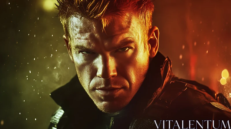 Storm-lit vigilante framed in cinematic burning glow.