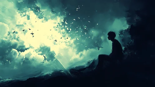 Silhouetted figure observes illuminated cloud opening with birds