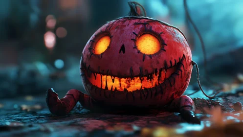 Glowing stitched pumpkin creature on wet autumn ground at dusk