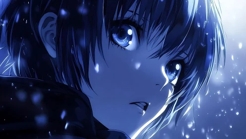 Blue lit anime girl stares through swirling winter snow.