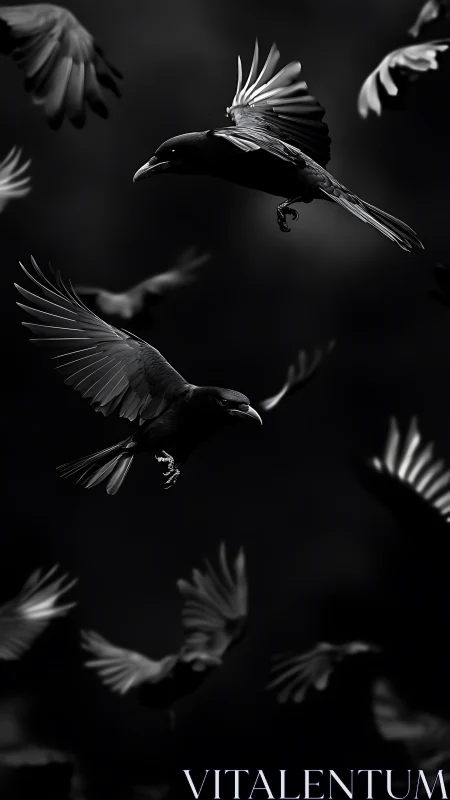 Ravens slice night sky with sharp wings and glossy feathers