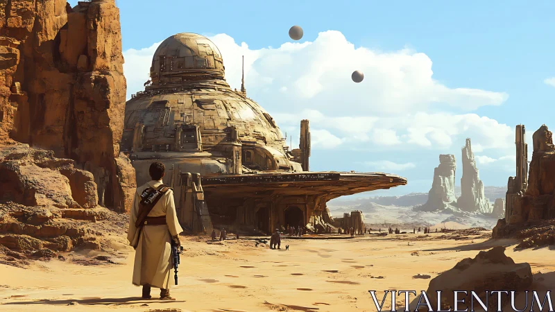 Desert wanderer approaches domed sci fi outpost fortress.