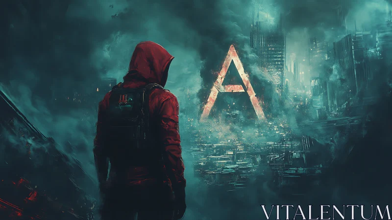 Cyberpunk hooded wanderer before luminous AI monolith.