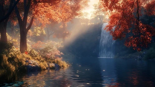 Sunlit autumn waterfall pours into a tranquil forest lake