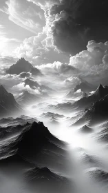 Monochrome volumetric mountains recede beneath turbulent clouds