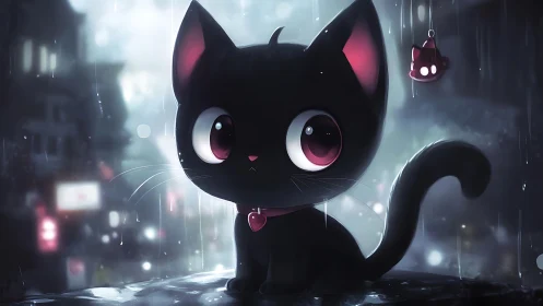 Black Cat with Luminous Eyes in Rainy Cyberpunk City.