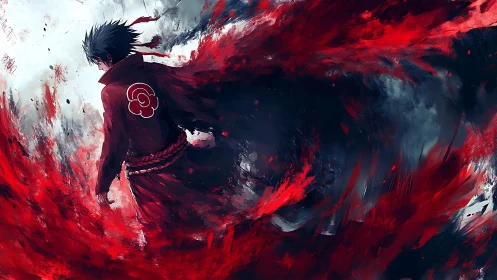 Vortex of crimson chakra enveloping solitary cloaked shinobi.