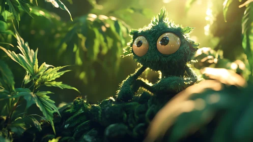 Moss creature with oversized eyes in luminous jungle glade.