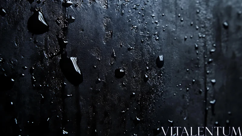 Midnight raindrops quietly carve silver paths on black steel