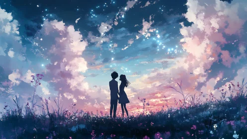 Two quiet hearts under a swirling pastel twilight sky.