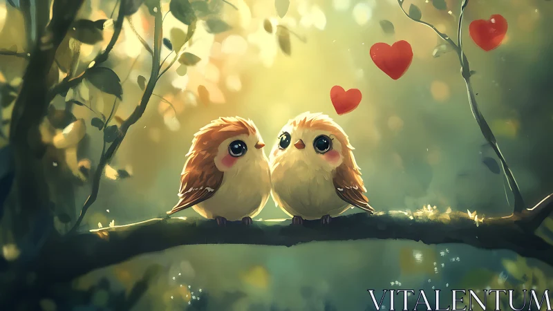 Two Adorable Birds in Love on Branch Under Golden Light