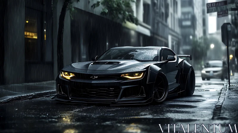 Midnight black muscle car in cinematic rainy street scene.