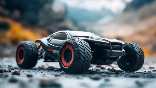 RC off-road truck powers across rocky mountain trail.