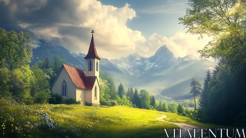 Small rural church stands before distant snow-covered peaks