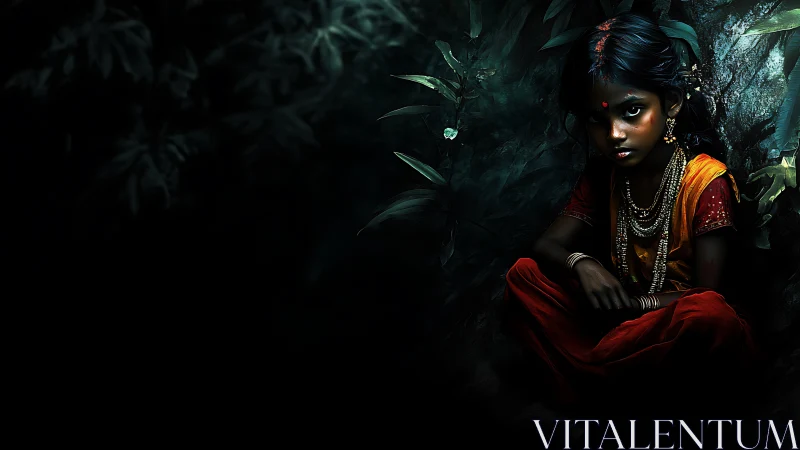 Dark forest portrait of jeweled girl in cinematic chiaroscuro.