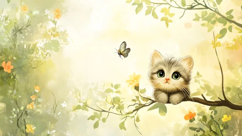Kitten on Branch Among Spring Flowers and Butterfly.