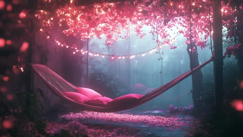 Petal-lit hammock sanctuary drifting in neon forest twilight.