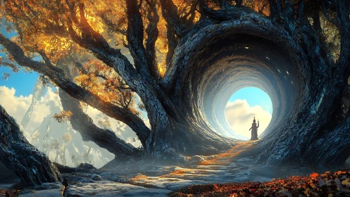 Arched world-tree tunnel framing robed figure in golden light.