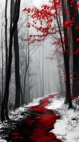 Red pathway through monochrome snowy forest in mist.
