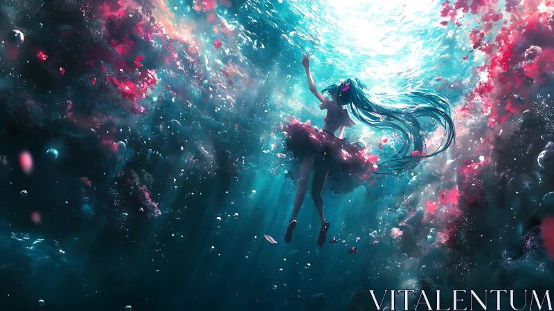 Underwater girl drifts through luminous teal and crimson bloom