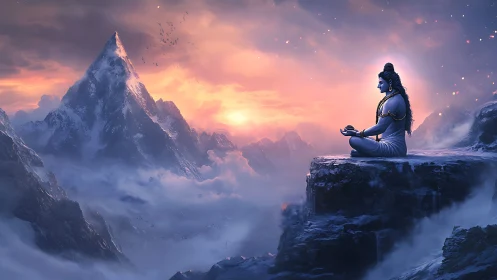 Meditating deity overlooks glowing Himalayan peaks at dusk