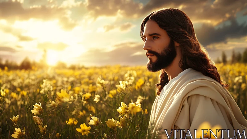 Bearded robed man in yellow flower field at sunset horizon.
