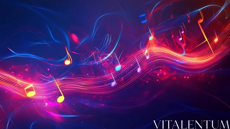 Glowing neon music notes stream across a vibrant soundwave.