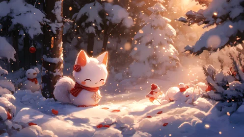 Snow-covered forest scene shows stylized fox-like character