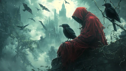 Hooded wanderer in red communes with crows above ruins.