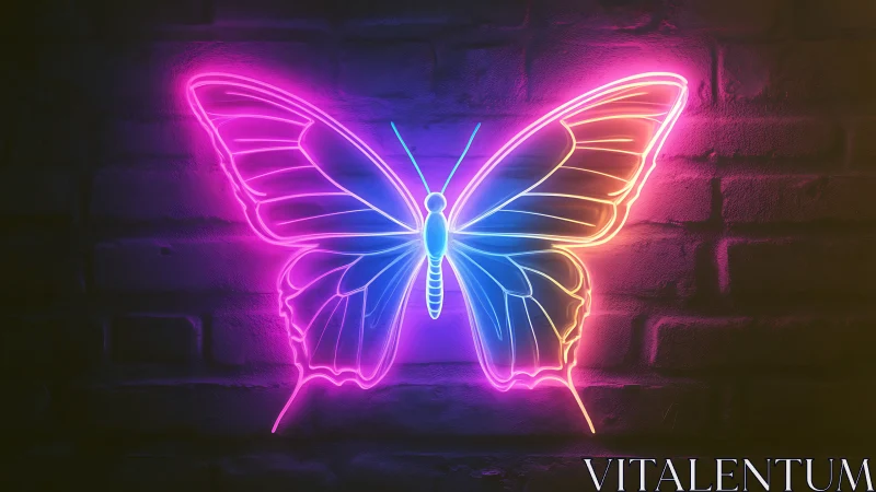 Neon butterfly hums softly against a midnight brick canvas